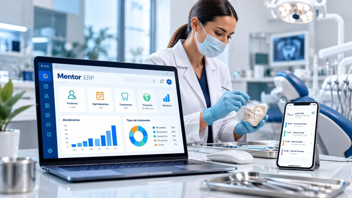 Profissional de odontologia em consultório com o Mentor ERP no notebook e no celular